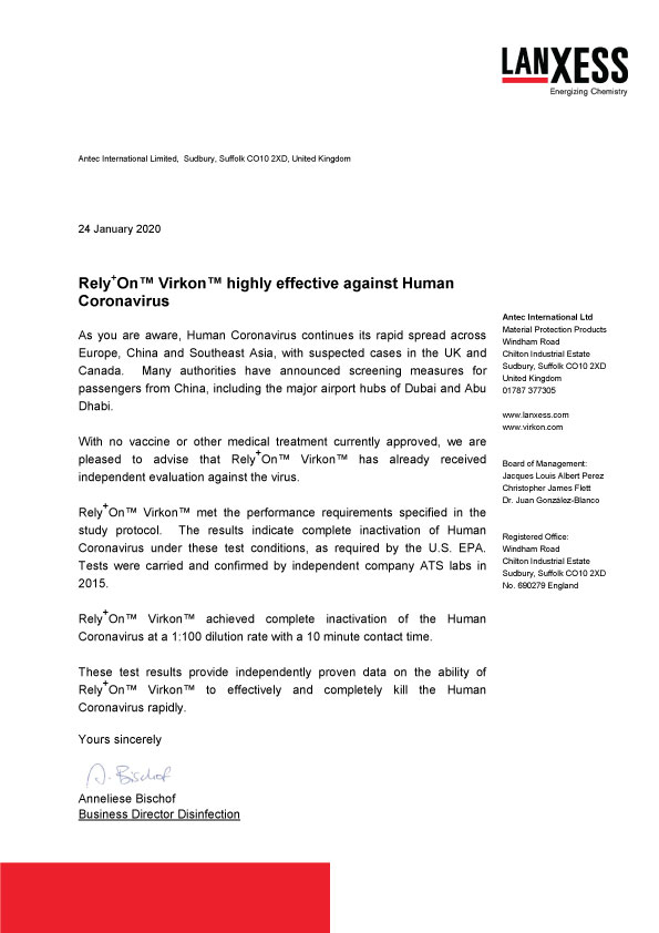 Gene Xpress Virkon Rely+On Customer Letter on Coronavirus